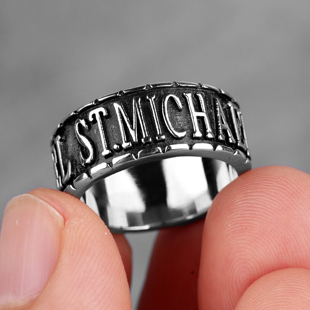 316L Stainless Steel St.michael Letter Religious Man Men Rings Talisman Good Lucky Punk Rock for Male Boy Jewelry: 7 / R083-Silver