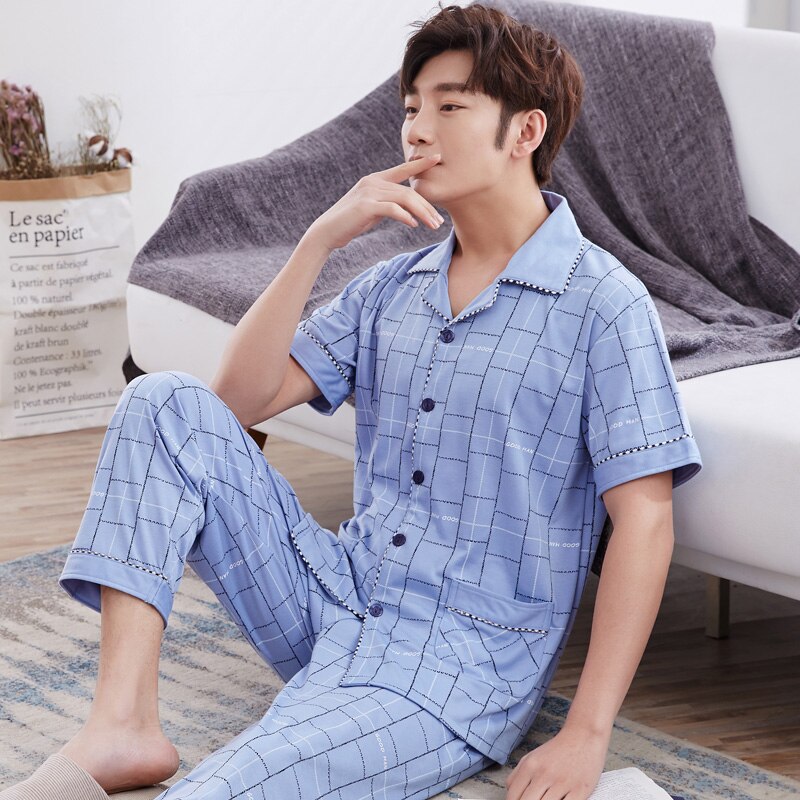 Hel bomulls pijamas för män 2 delar lounge nattkläder pyjamas rutig sommar sänglinne hem kläder man pjs big yards pyjamas set: Lm1878 / Xxl