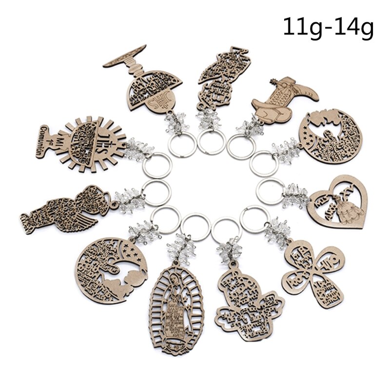 QX2E Key Ring Round Hang Hoop Angel Boys Girls Love Holy Grail Cross Wooden Pendants Keychain DIY Wedding Decorations