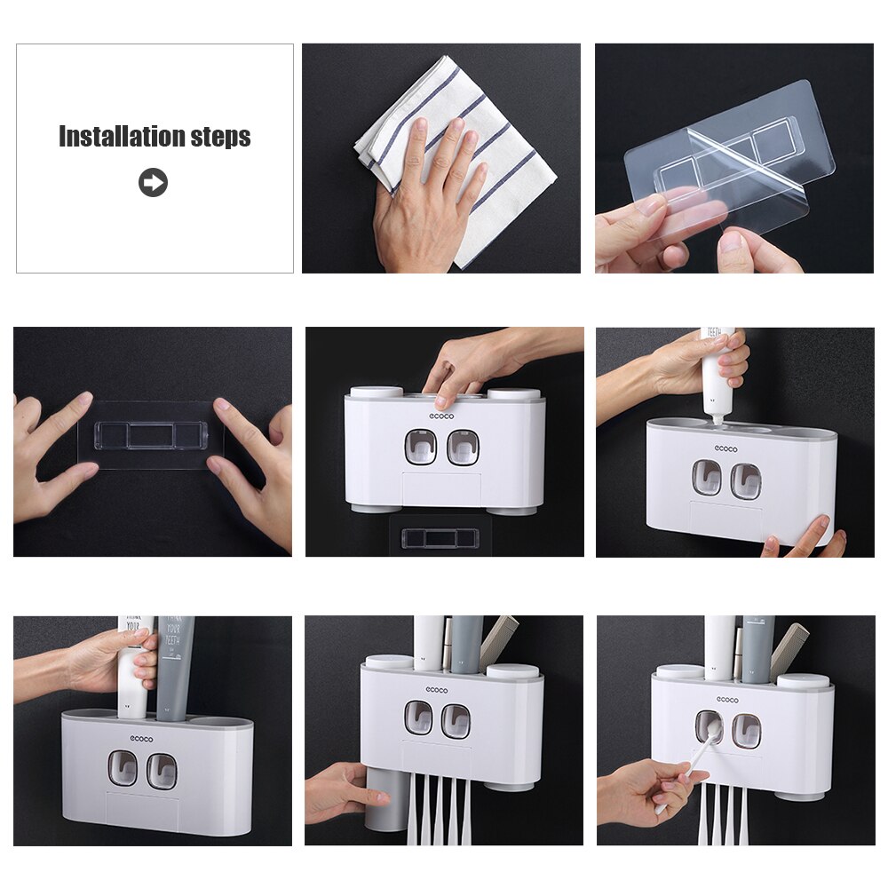 Automatic Squeeze Toothpaste Set Wall-Mounted Toothbrush Holder with 2 Toothpaste Dispensers 4 Cups and 5 Toothbrush Storage