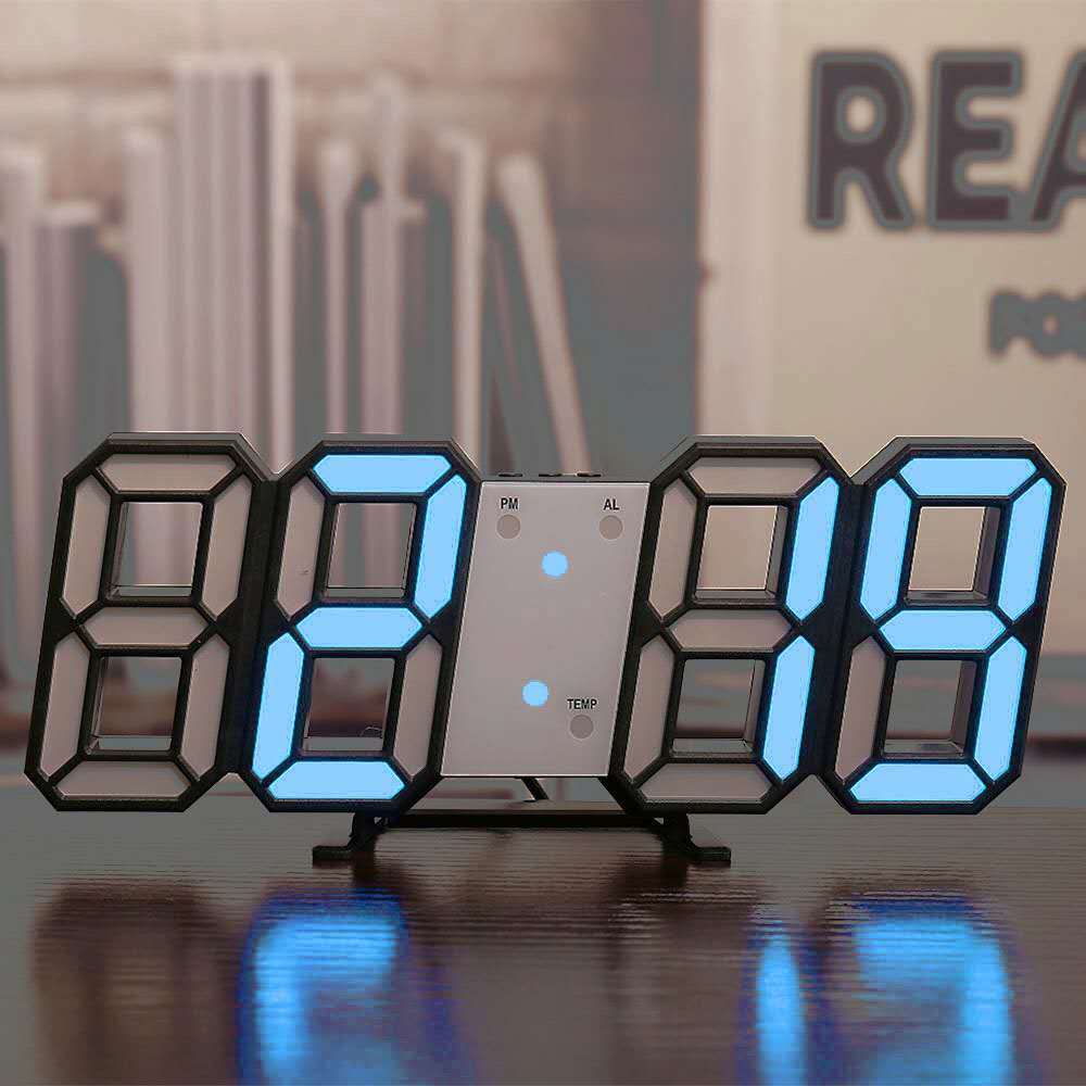 Led Digitale 3D Wandklok Usb Elektronische Wekkers Datum Temperatuur Automatische Backlight Tafel Desktop Klok Woondecoratie: Black blue