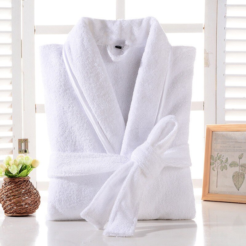 Badekåpe menn 100%  bomullshåndkle fleece tykk frotté varm brudepike badekåpe lang snor badekåpe par hotell hjemme morgenkåpe: Hvit / M (155-165cm)