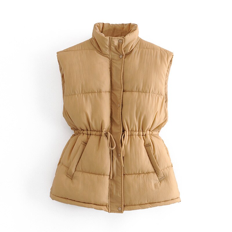 Wixra femmes gilet sans manches hiver coton fermeture éclair à lacets femmes gilets col en V Streetwear gilet automne: Khaki / S