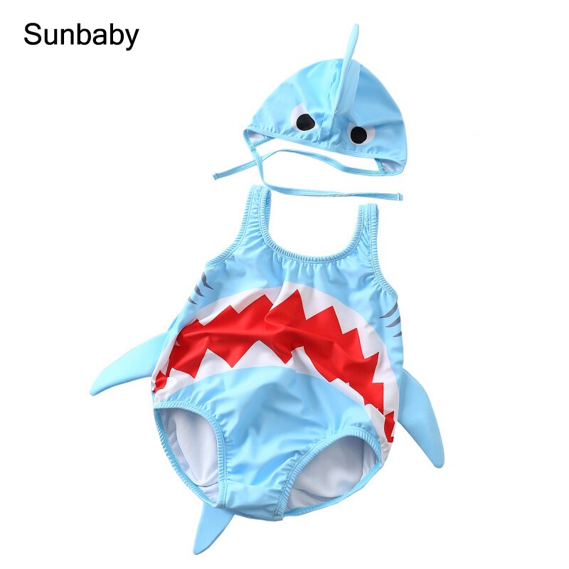 SUNbaby baby swimwear cute shark cartoon 2pcs Sleeveless swimwear kids One Pieces for 0-3 year S0303: Sky Blue / 24M