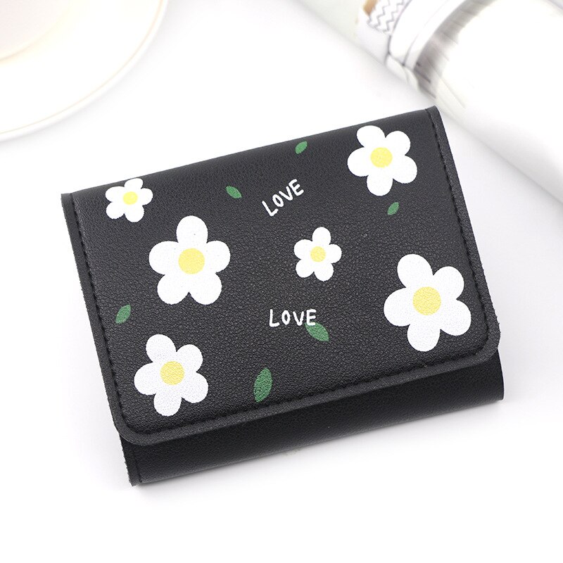 Japanese Mini Wallet Female Small Ultra-thin Cute Floral Tri-fold Leather Coin Purse Simple Short Student Mini Card Holder: Black