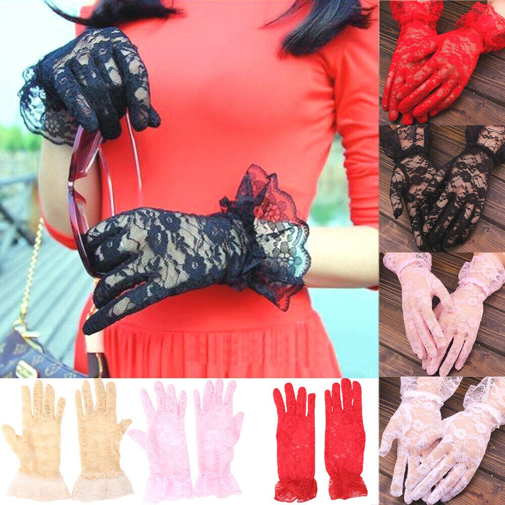 Women Lady Lace Ruffles Floral Gloves Party Prom Bride Wrist Mittens Beige Black Pink Red White