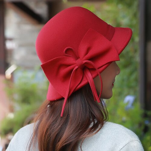 Herbst Winter Wolle Boater Flache Top Hut Für Frauen Filz Breiter Krempe Fedora Hut Jazz Kappe Klassischen Bowler Gambler top Hut: Wine red bowknot