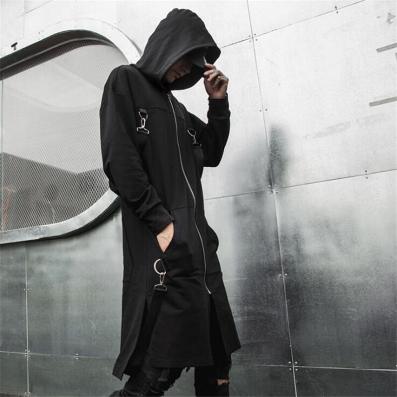 Trench-Coat Long à capuche pour homme, avec rubans, Patchwork, Punk, Hip-Hop, cape noire, fermeture éclair, Techwear, pardessus, collection printemps-automne