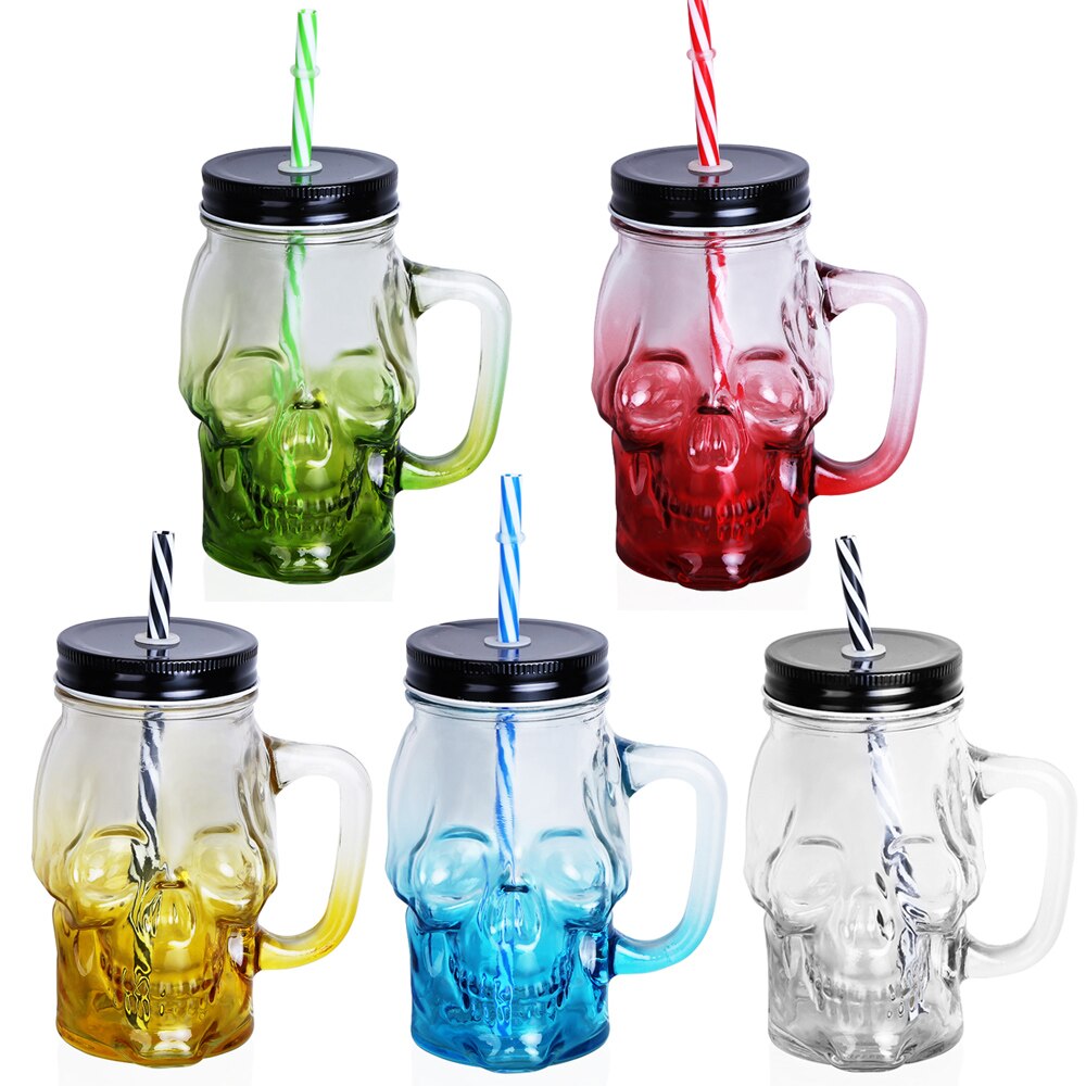 Tasse de bière en verre de 500ML | Bocal pour crâne de maçon 1 pièce, tasse de bière au avec une paille et couvercle comme décoration de Bar maison pour boire un paquet