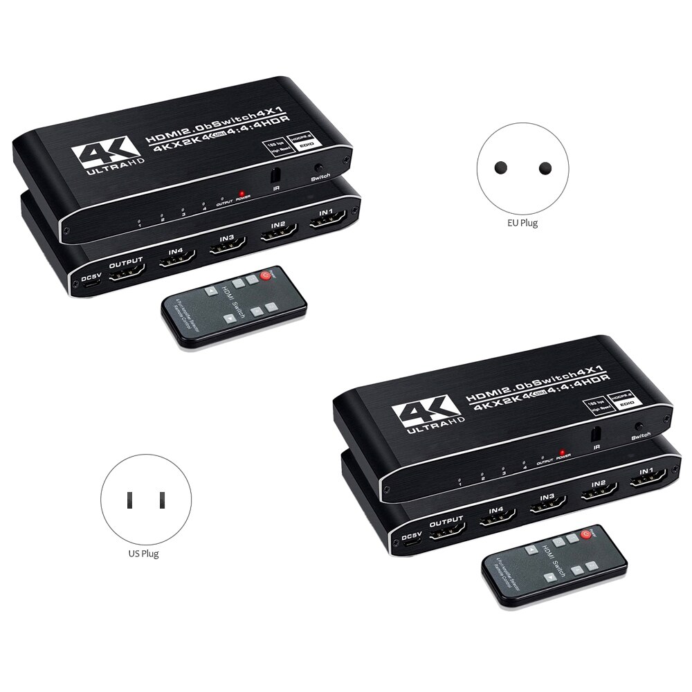 4K HDR HDMI Switch 4 Ports HDMI 2.0 Switcher Selector with IR Remote Control for PS4 Apple TV Fire Stick