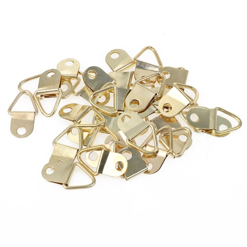 100 stuks gouden kleine d-ring schilderijhangers met schroeven, driehoekige ringhangers