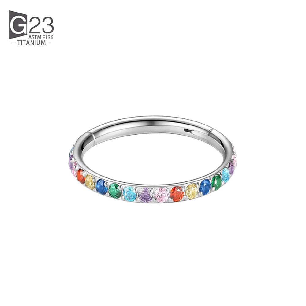 100% G23 anillo de titanio para la nariz para mujer pequeño tabique Nasal cartílago aro pendiente Piercing 16 gramos frontal Lnlaid Rainbow CZ bisagra: Negro / PLATEADO