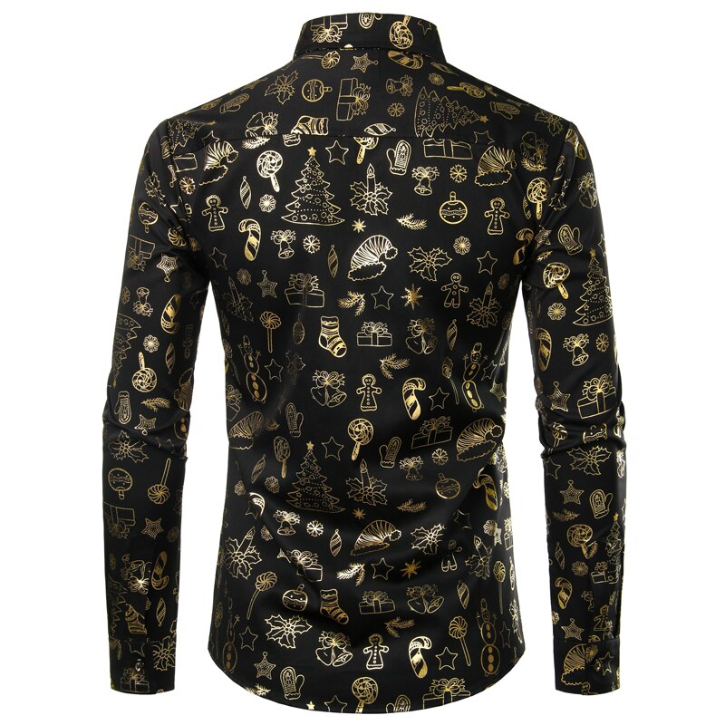 Noir noël chemise homme drôle De noël or imprimer hommes robe chemises décontracté fête bal chemise pour hommes Camisa De Navidad