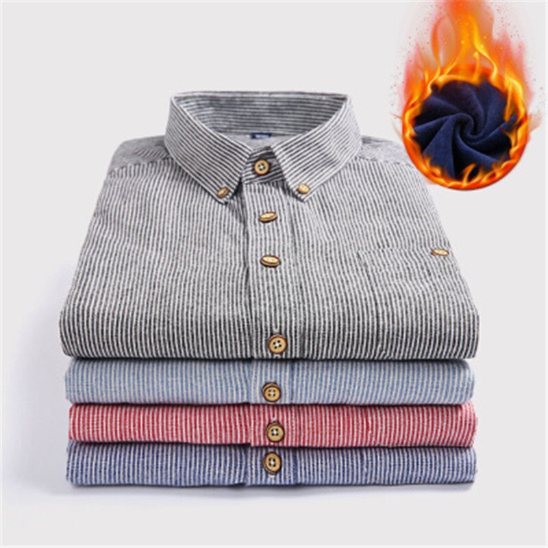 Men's Dress Shirts Spring Stripe Shirts Male 100% Cotton Shirts Full Sleeve Plus velvet to keep warm Recreational shirts