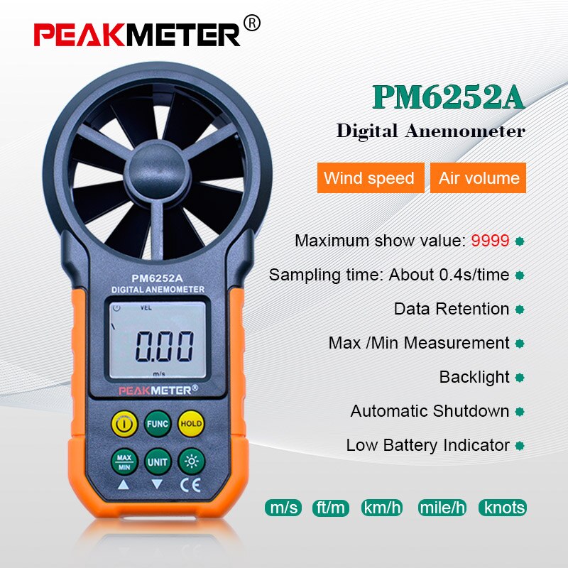 PEAKMETER PM6252A/B USB Digital Anemometer Temperature Humidity Wind Speed Air Volume Measuring Meter With LCD Backlight: PM6252A-Withoutbox