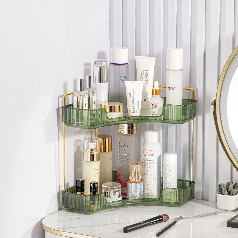 Triangular storage box rack, light luxury corner cosmetics rack, transparent bathroom jewelry rack.