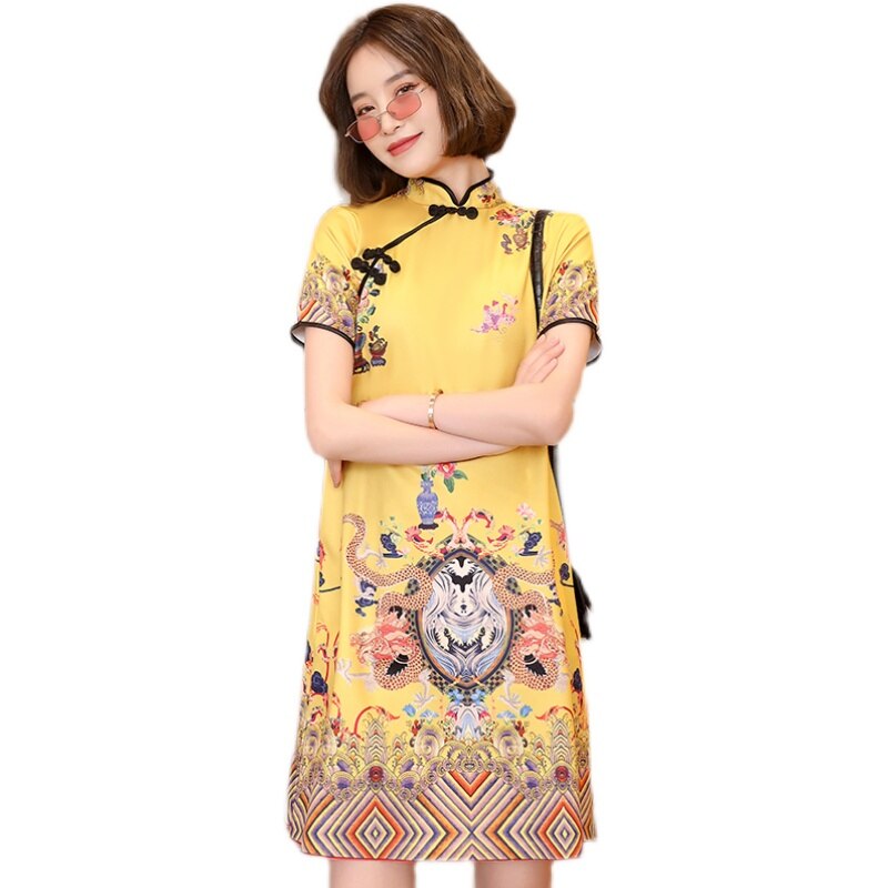 Qipao-vestido chino tradicional de manga corta para mujer, vestido Cheongsam de tendencia moderna, suelto, M-XXL, amarillo y negro, novedad de