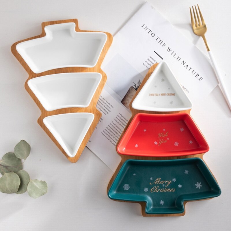 Keramische Bamboe Hout Kerstboom Partitie Plaat Snack Schotel Fruitschaal Schotel