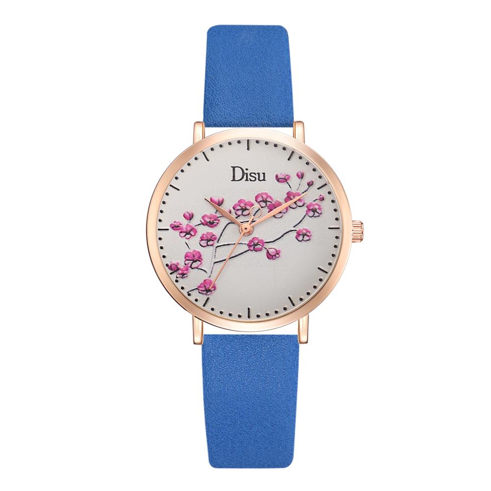 Blomster urskive ure kvinder læder dame kjole personlighed romantisk quartz armbåndsur afslappet sports ur reloj mujer: Blå