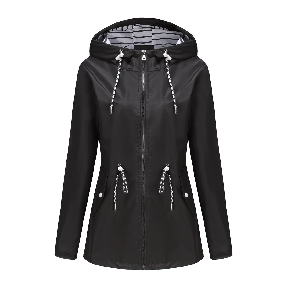 Blue Waterproof Hooded Jacket Women Casual Coat Waist Drawstring Tie Zipper Switch Red Green Yellow Black Windbreaker: S / black