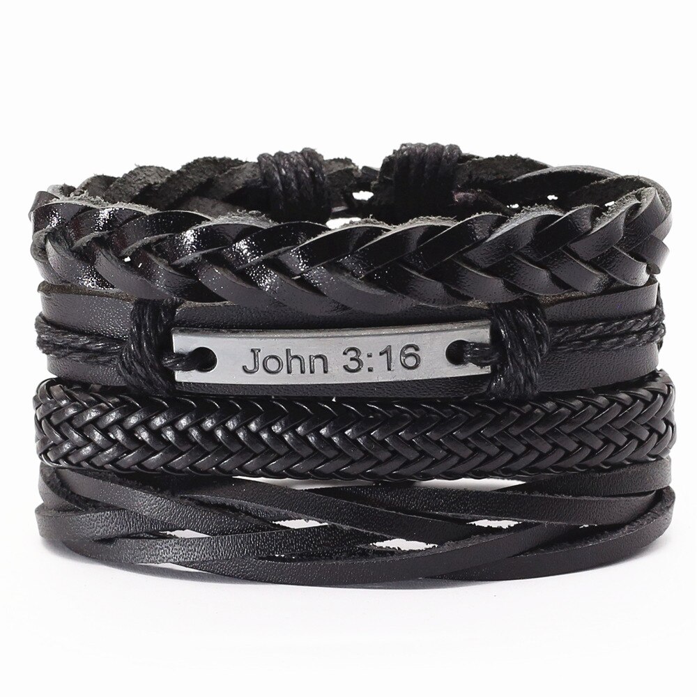 Vertrouw op god, jezus, wwjd, khaki, faith punk, 4 stuks/set, vintage, zwarte kralen, bijbel, leren armbanden, herenarmbanden, dames, herensieraden