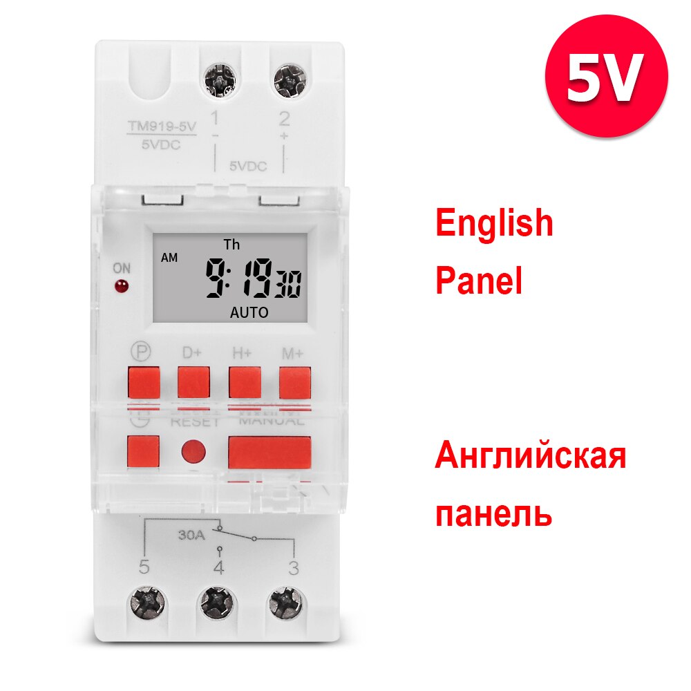 Heavy Duty 30A 5000W 5V 12V 24V 110V 220V 7 Days Programmable Timer Automatic Lighting Controller DIN Rail Installation: English panel 5V
