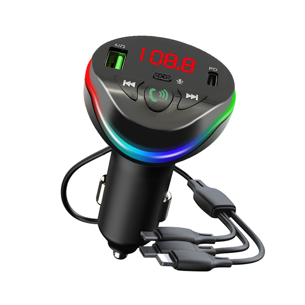 Transmisor FM Bluetooth 5,0 para coche, reproductor modulador MP3, receptor de Audio manos libres con Cable de carga 3 en 1 para IPhone, Huawei y Xiaomi: Negro