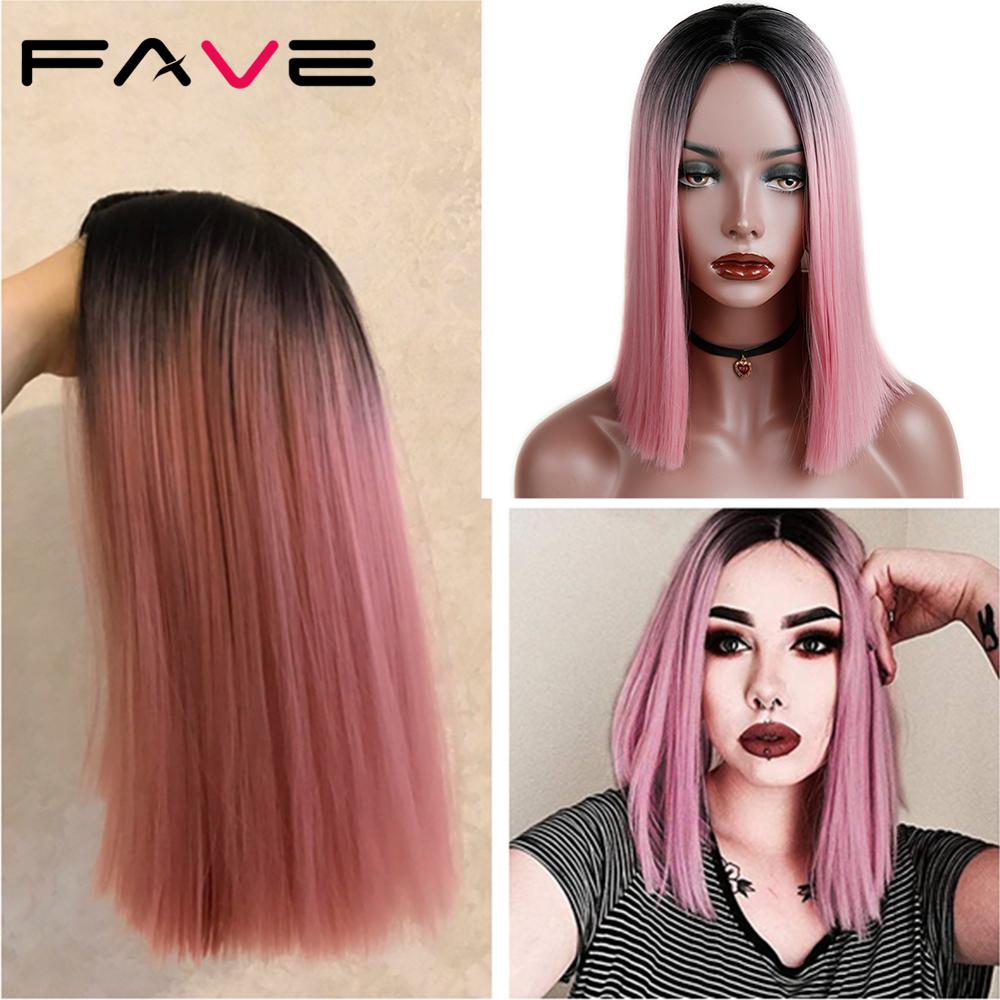 Yndlings syntetisk bob paryk lige sort rød pink blå grå orange farve varmebestandig fiber syntetisk cosplay festhår til kvinder: Sort lyserød