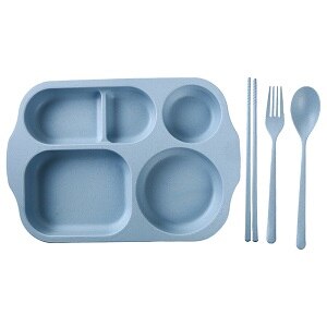 4Pcs/Set Eco-Friendly Children's Dishes Plates Tableware Set Healthy Wheat Straw Baby Kids Toddlers Food Feeding Dinnerware: Blue