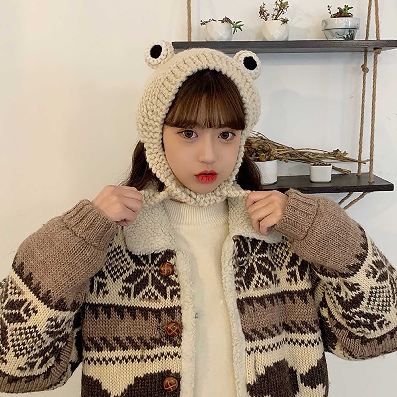 Winter Women Frog Hat Crochet Knitted Hat Costume Beanie Cute Hats Cap Women Cap Retro Cute Animal #YJ