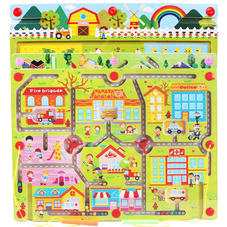 Magnetische Doolhof Speelgoed Roll-On Stedelijke Verkeer Ouder-kind Magnetische Penseelvoering Doolhof Creatief Speelgoed Baby Puzzel Houten Speelgoed: Happy Community