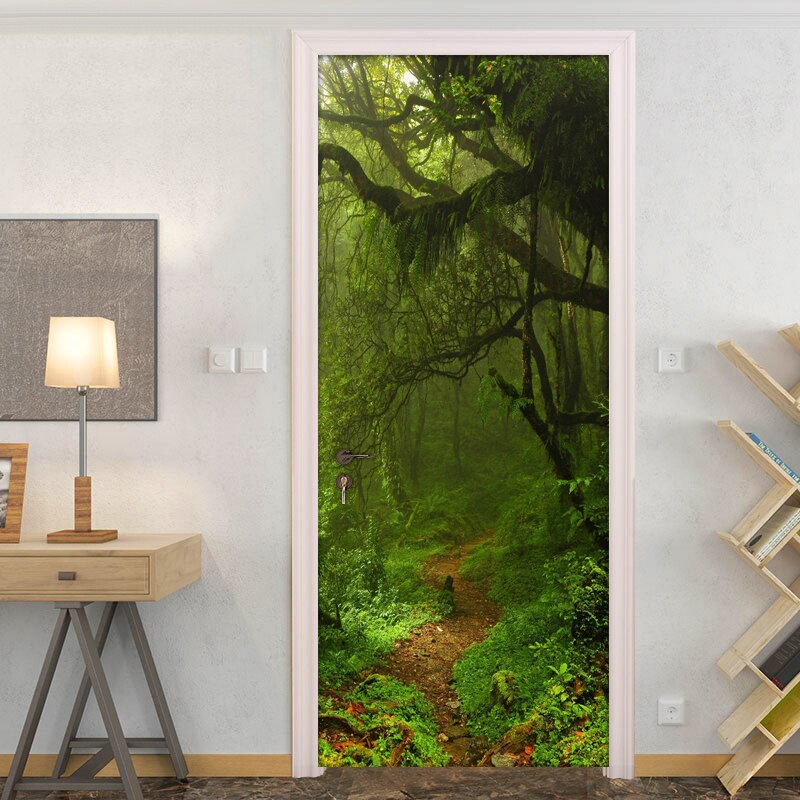 3D Door Mural Green Forest Door Sticker DIY Self-adhesive Waterproof Wallpaper Poster Living Room Home Decoration Wall Decals