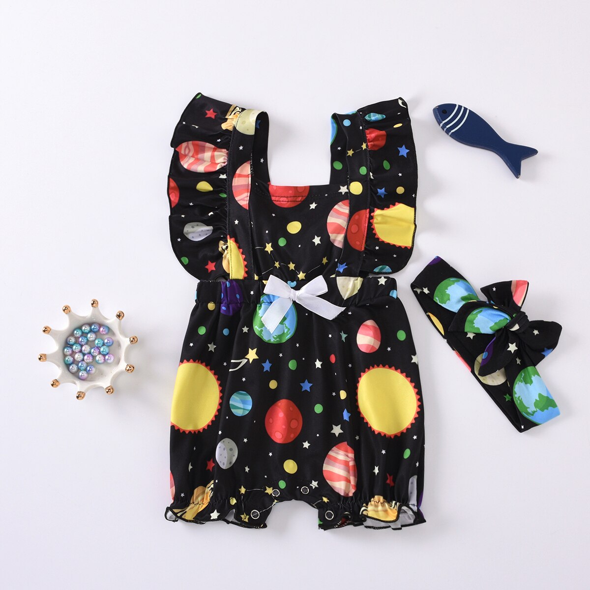 Focusnorm 0-18M Baby Meisjes Jongens Rompertjes Hoofdband 2 Stuks Cartoon Print Ruches Korte Mouw Jumpsuits