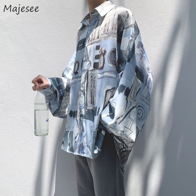 Herreskjorter med lange ærmer afslappet plus størrelse 2xl oversize løs smart harajuku streetwear bf ins parskjorte