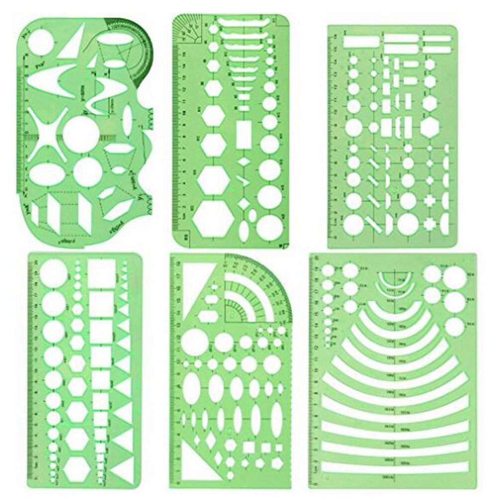 6pcs Geometric Rulers Accurate Drawings Templates Measuring Clear Green Rulers School Office Supplies Convenient To Receive