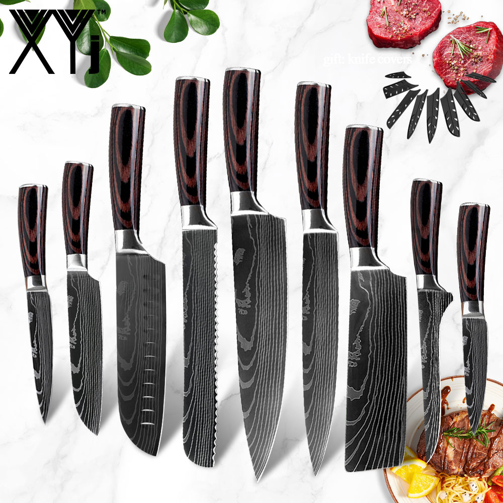 XYj Professionelle Küche Koch Messer Set Japanischen 7CR17 High Carbon Edelstahl Nachahmung Damaskus Muster Kochen Messer Set