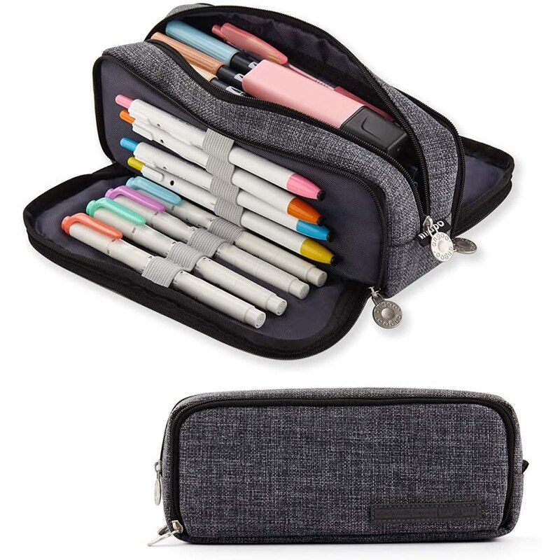 ANGOO Pencil Case Big Capacity 3 Compartments Canvas for Students: Black