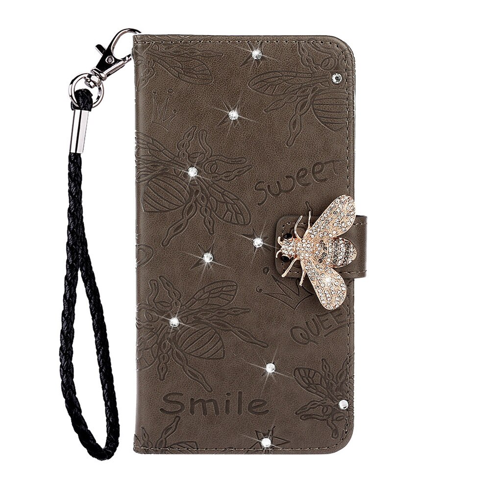 Bee Rhinestone Diamond Book Case Cover for Xiaomi Redmi 7 7A Note 7 8 Pro Luxury Flip Glitter Shell With Hand Rope: Redmi 7A / Grey