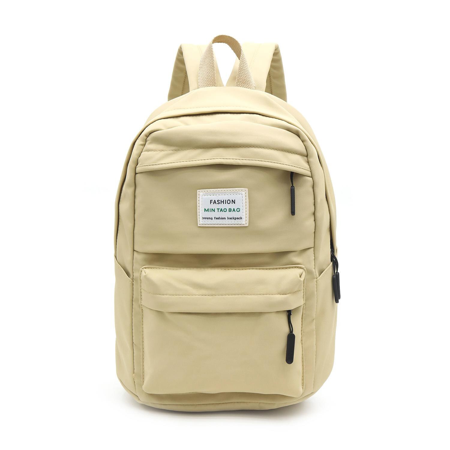 Nylon Women Backpack Large Capacity Student School Bag for Teenage Girl Solid Color Ladies' Travel Shoulder Bag Bagpack Rucksack: Khaki 1set