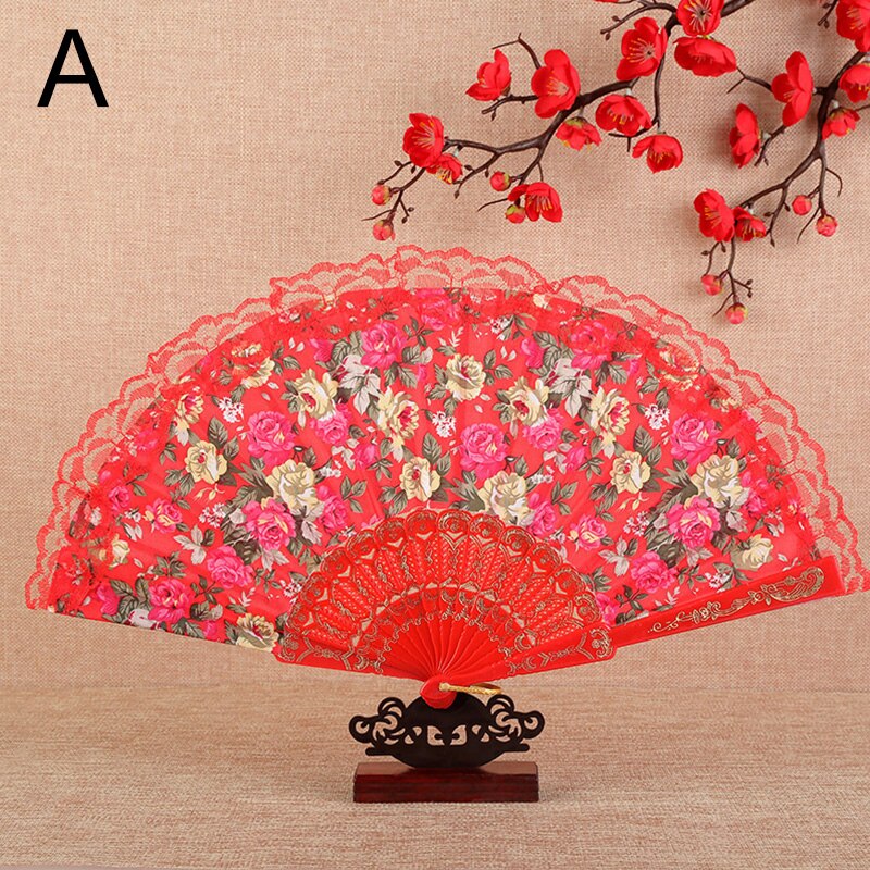 Vintage Flower Pattern Folding Fans Bronzing Wood Silk Plastic Hand Fans With Lace Ribbon Edge Dance Wedding Party Prop: A