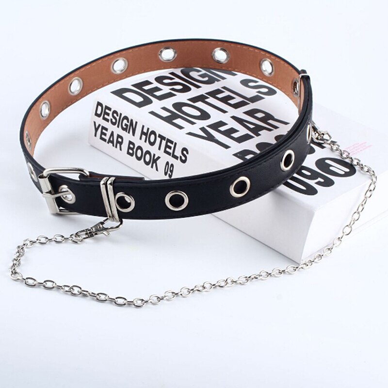 Women Punk Chain Belt Adjustable Black Double/Single Eyelet Leather Buckle Belt women belt