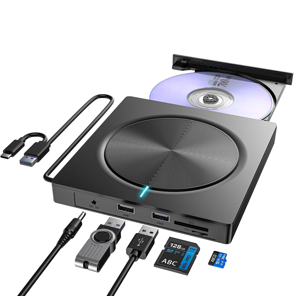 Reprodutor de cd/dvd externo 6 em 1 para laptop, leitor de dvd portátil, unidade rom para laptop, desktop, mac, windows 11/10/8/7