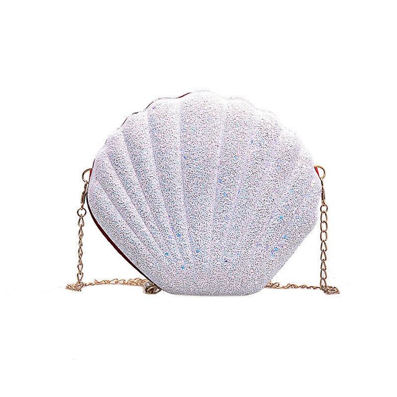 Chain Sequined Shoulder Bag for Women Pu Leather Handbags Cute Shell Shape Purse Mini Bag Bolsa Feminina Messenger Bag: White