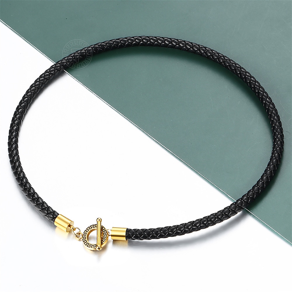 6mm Black Man-made Leather Necklace for Men Women Choker Gold Silver Color Stainless Steel Unique Toggle Clasp 18inch LTNL002