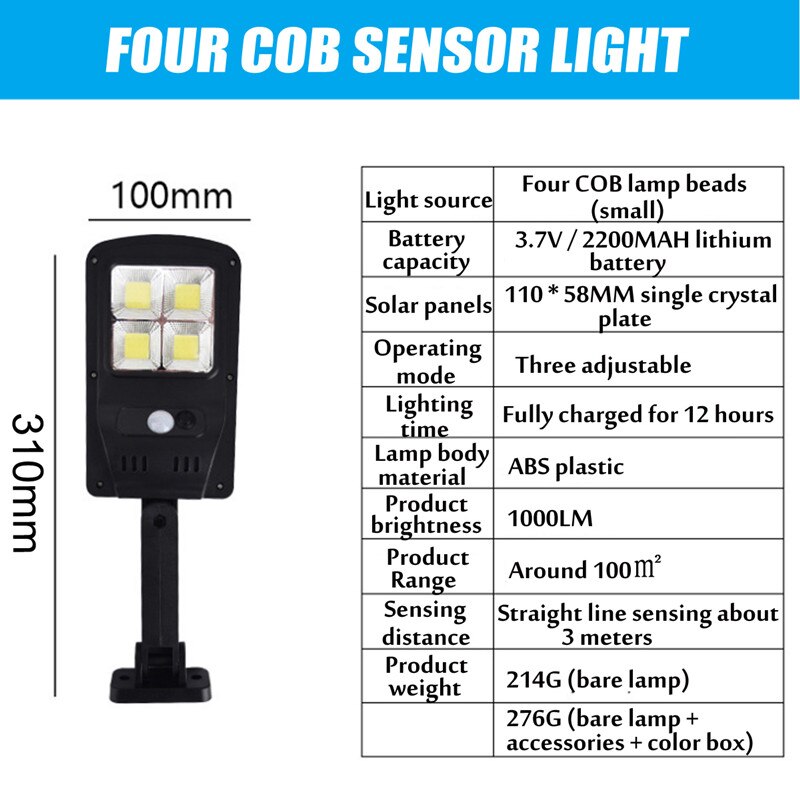 Solar led gadelys cob sensor væglampe infrarød bevægelsessensor 50/100/200/300w udendørs belysning havelampe led lys: X4