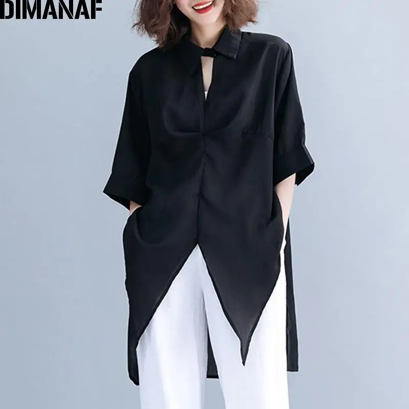 Dimanaf plus size kvinder bluse lange skjorter store størrelser sommer kontor dame toppe tunika løs afslappet ensfarvet dametøj: Sort