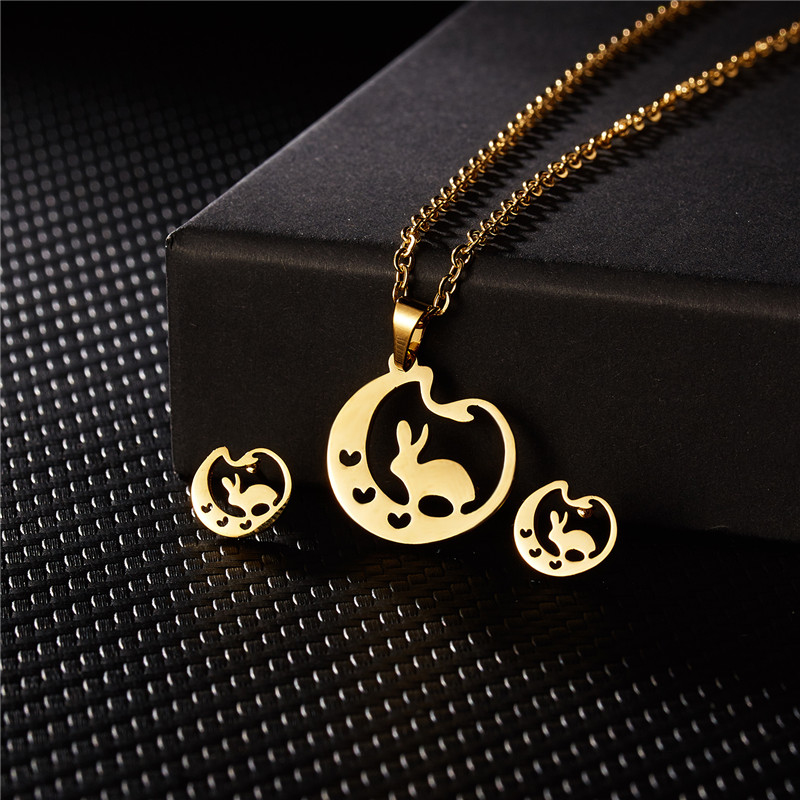 Rinhoo Dier Vlinder Rvs Hanger Ketting Sets Voor Vrouwen Kat Visgraten Ketting Oorbellen Sieraden: rabbit