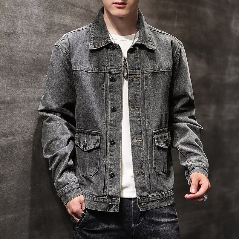 Spring autumn gray denim jacket men\'s trendy brand street jacket handsome Korean style teenagers denim jacket