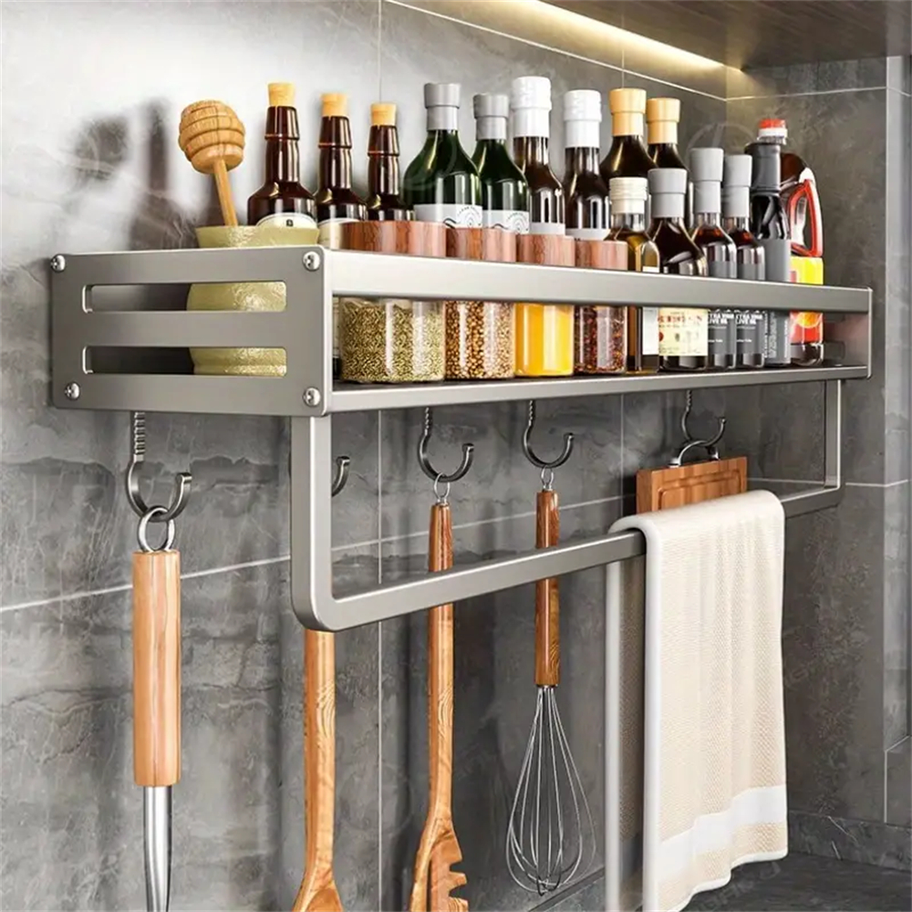 Estante de aluminio para especias montado en la pared, estante multifuncional para artículos, ganchos para herramientas de cocina, estante de almacenamiento de condimentos, 1/2 Uds.