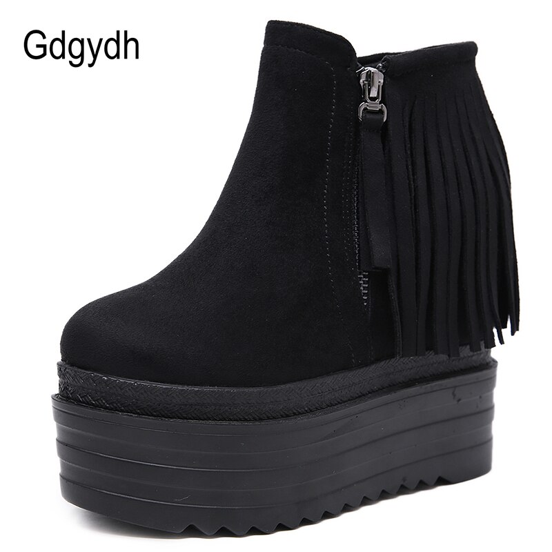 Gdgydh franje kwastje sleehak laarzen dames plateau schoenen voor herfst winter ronde neus enkellaarsjes dames zijrits zwart flock